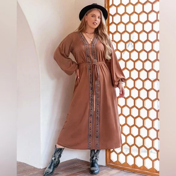 Rusttydustty | Dresses | Rusttydustty Plus Geo Embroidery Lantern Sleeve  Dress | Poshmark